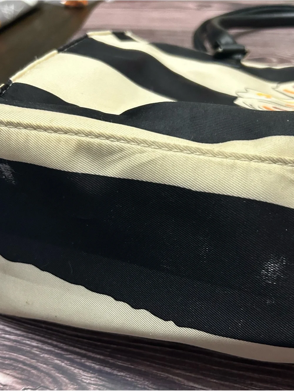 Source Unknown Black and Cream Striped Tote with Orange Floral Accent